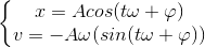 \left\{\begin{matrix}x=Acos(t\omega+\varphi )\\v=-A\omega(sin(t\omega+\varphi ))\end{matrix}\right.