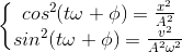 \left\{\begin{matrix}cos^{2}(t\omega+\phi)=\frac{x^{2}}{A^{2}}\\sin^{2}(t\omega+\phi)=\frac{v^{2}}{A^{2}\omega^{2}} \end{matrix}\right