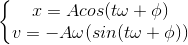 \left\{\begin{matrix} x=Acos(t\omega+\phi)\\v=-A\omega\(sin(t\omega+\phi)) \end{matrix}\right.