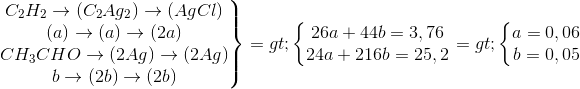 \left.\begin{matrix}C_{2}H_{2}\rightarrow(C_{2}Ag_{2})\rightarrow(AgCl)\\(a)\rightarrow(a)\rightarrow(2a)\\CH_{3}CHO\rightarrow(2Ag)\rightarrow(2Ag)\\b\rightarrow(2b)\rightarrow(2b)\end{matrix}\right\}=>\left\{\begin{matrix}26a+44b=3,76\\24a+216b=25,2\end{matrix}\right.=>\left\{\begin{matrix} a=0,06\\b=0,05\end{matrix}\right.