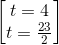 \begin{bmatrix} t=4\\t=\frac{23}{2} \end{bmatrix}