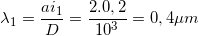 \small \lambda _{1}=\frac{ai_{1}}{D}=\frac{2.0,2}{10^{3}}=0,4 \mu m