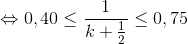 \Leftrightarrow 0,40\leq \frac{1}{k+\frac{1}{2}}\leq 0,75