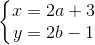 \left\{\begin{matrix} x=2a+3\\y=2b-1 \end{matrix}\right.