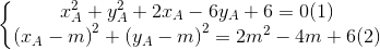 \left\{\begin{matrix} x^{2}_{A}+y^{2}_{A}+2x_{A}-6y_{A}+6=0(1)\\\left ( x_{A}-m \right )^{2}+\left ( y_{A}-m \right )^{2}=2m^{2}-4m+6(2) \end{matrix}\right.