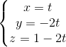 \left\{\begin{matrix} x=t\\y=-2t \\z=1-2t \end{matrix}\right.