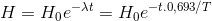 H=H_{0}e^{-\lambda t}=H_{0}e^{-t.0,693/T}