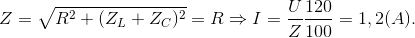 Z=\sqrt{R^{2}+(Z_{L}+Z_{C})^{2}} = R\Rightarrow I=\frac{U}{Z}\frac{120}{100}=1,2(A).