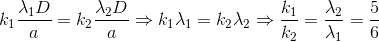 k_{1}\frac{\lambda _{1}D}{a}=k_{2}\frac{\lambda _{2}D}{a}\Rightarrow k_{1}\lambda _{1}=k_{2}\lambda _{2}\Rightarrow \frac{k_{1}}{k_{2}}=\frac{\lambda _{2}}{\lambda _{1}}=\frac{5}{6}