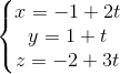 \left\{\begin{matrix} x=-1+2t\\y=1+t \\z=-2+3t \end{matrix}\right.