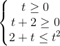 \left\{\begin{matrix} t\geq 0\\t+2\geq 0 \\2+t\leq t^{2} \end{matrix}\right.