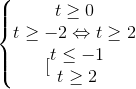 \left\{\begin{matrix} t\geq 0\\t\geq -2\Leftrightarrow t\geq 2 \\ [\begin{matrix} t\leq -1\\t\geq 2 \end{matrix} \end{matrix}\right.