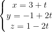 \left\{\begin{matrix} x=3+t\\y=-1+2t \\z=1-2t \end{matrix}\right.