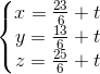 \left\{\begin{matrix} x=\frac{23}{6}+t\\y=\frac{13}{6}+t \\z=\frac{25}{6}+t \end{matrix}\right.