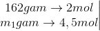 \left.\begin{matrix} 162 gam \rightarrow2mol\\m_{1}gam\rightarrow4,5 mol \end{matrix}\right|