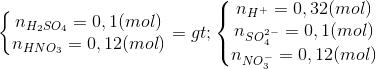 \left\{\begin{matrix} n_{H_{2}SO_{4}}=0,1(mol)\\n_{HNO_{3}}= 0,12(mol) \end{matrix}\right.=>\left\{\begin{matrix} n_{H^{+}}=0,32(mol)\\n_{SO_{4}^{2-}}=0,1(mol) \\ n_{NO_{3}^{-}}=0,12(mol) \end{matrix}\right.