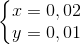 \left\{\begin{matrix} x=0,02\\y=0,01 \end{matrix}\right.