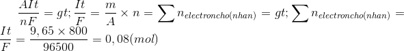 \frac{AIt}{nF}=>\frac{It}{F}=\frac{m}{A}\times n=\sum n_{electron cho(nhan)}=>\sum n_{electron cho(nhan)}=\frac{It}{F}=\frac{9,65\times800}{96500}=0,08(mol)