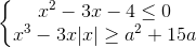 \left\{\begin{matrix}x^{2}-3x-4\leq 0\\x^{3}-3x|x|\geq a^{2}+15a\end{matrix}\right.