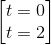 \begin{bmatrix} t=0\\t=2 \end{bmatrix}