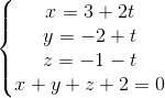 \left\{\begin{matrix} x=3+2t\\y=-2+t \\z=-1-t \\x+y+z+2=0 \end{matrix}\right.