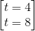 \begin{bmatrix} t=4\\t=8 \end{bmatrix}