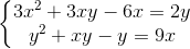 \left\{\begin{matrix} 3x^{2}+3xy-6x=2y\\y^{2}+xy-y=9x \end{matrix}\right.