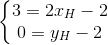 \left\{\begin{matrix} 3=2x_{H}-2\\0=y_{H}-2 \end{matrix}\right.