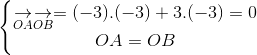 \left\{\begin{matrix} \underset{OA}{\rightarrow}\underset{OB}{\rightarrow}=(-3).(-3)+3.(-3)=0\\ OA=OB \end{matrix}\right.