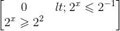 \begin{bmatrix} 0<2^{x}\leqslant 2^{-1}\\ 2^{x}\geqslant 2^{2} \end{bmatrix}