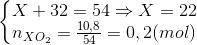 \left\{\begin{matrix} X+32=54\Rightarrow X=22\\ n_{XO_{2}}=\frac{10,8}{54}=0,2(mol) \end{matrix}\right.