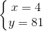 \left\{\begin{matrix} x=4\\y=81 \end{matrix}\right.