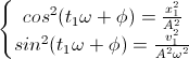 \left\{\begin{matrix}cos^{2}(t_{1}\omega+\phi)=\frac{x_{1}^{2}}{A^{2}}\\sin^{2}(t_{1}\omega+\phi)=\frac{v_{1}^{2}}{A^{2}\omega^{2}}\end{matrix}\right.