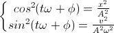 \left\{\begin{matrix}cos^{2}(t\omega+\phi)=\frac{x^{2}}{A^{2}}\\sin^{2}(t\omega+\phi)=\frac{v^{2}}{A^{2}\omega^{2}}\end{matrix}\right.