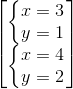 \begin{bmatrix} \left\{\begin{matrix} x=3\\y =1 \end{matrix}\right.\\\left\{\begin{matrix} x=4\\y=2 \end{matrix}\right. \end{bmatrix}