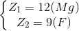 \left\{\begin{matrix} Z_{1}=12(Mg)\\ Z_{2}=9(F) \end{matrix}\right.