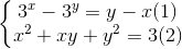 \left\{\begin{matrix} 3^{x}-3^{y}=y-x(1)\\ x^{2}+xy+y^{2}=3(2) \end{matrix}\right.