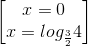 \begin{bmatrix} x=0\\x=log_{\frac{3}{2}}4 \end{bmatrix}