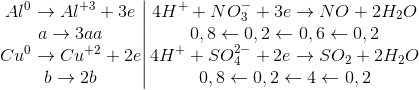 \left.\begin{matrix} Al^{0}\rightarrow Al^{+3}+3e\\a\rightarrow 3aa \\ Cu^{0}\rightarrow Cu^{+2}+2e \\ b\rightarrow 2b \end{matrix}\right|\begin{matrix} 4H^{+}+NO_{3}^{-}+3e\rightarrow NO+2H_{2}O\\0,8\leftarrow 0,2\leftarrow 0,6\leftarrow 0,2 \\4H^{+}+SO_{4}^{2-}+2e\rightarrow SO_{2}+2H_{2}O \\ 0,8\leftarrow 0,2\leftarrow 4\leftarrow 0,2 \end{matrix}