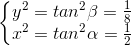 \left\{\begin{matrix}y^{2}=tan^{2}\beta =\frac{1}{8}\\x^{2}=tan^{2}\alpha =\frac{1}{2}\end{matrix}\right.