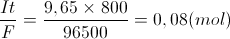 \frac{It}{F}=\frac{9,65\times800}{96500}=0,08(mol)