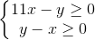 \left\{\begin{matrix}11x-y\geq 0\\y-x\geq 0\end{matrix}\right.