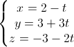 \left\{\begin{matrix}x=2-t\\y=3+3t\\z=-3-2t\end{matrix}\right.