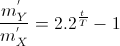 \frac{m_{Y}^{'}}{m_{X}^{'}}=2.2^{\frac{t}{T}}-1