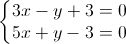 \left\{\begin{matrix}3x-y+3=0\\5x+y-3=0\end{matrix}\right.