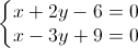 \left\{\begin{matrix}x+2y-6=0\\x-3y+9=0\end{matrix}\right.