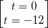 \small \begin{bmatrix} t=0\\ t=-12 \end{bmatrix}