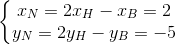 \left\{\begin{matrix} x_{N}=2x_{H}-x_{B}=2\\ y_{N}=2y_{H}-y_{B}=-5 \end{matrix}\right.