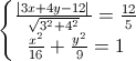 \left\{\begin{matrix}\frac{|3x+4y-12|}{\sqrt{3^{2}+4^{2}}}=\frac{12}{5}\\\frac{x^{2}}{16}+\frac{y^{2}}{9}=1\end{matrix}\right.