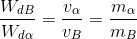 frac{W_{dB}}{W_{dalpha }}=frac{v_{alpha}}{v_{B}}=frac{m_{alpha }}{m_{B}}